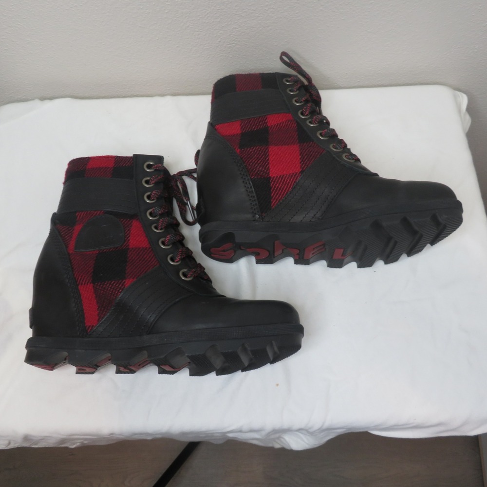 Sorel Lexie Wedge Boots Black Leather Red Buffalo Plaid NL3377-010 8